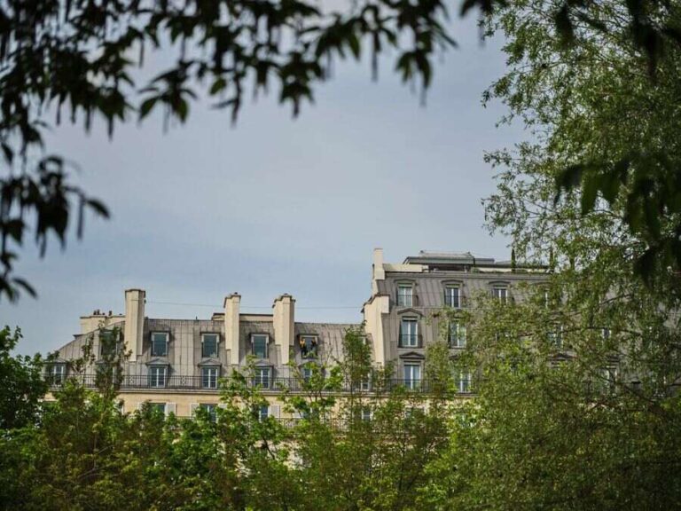 Parisian apartment building peeking through green trees on a sunny day