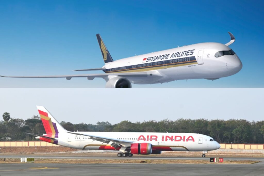 Two commercial airplanes: a Singapore Airlines jet soaring in the blue sky above, and an Air India aircraft taxiing on the runway below at an airport.