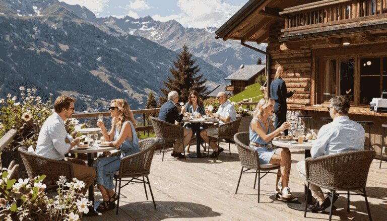 Outdoor mountain-view restaurant patio with guests dining at wooden-deck tables.