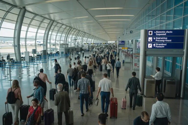 Crowded airport terminal with travelers walking in a long concourse and blue signage overhead.