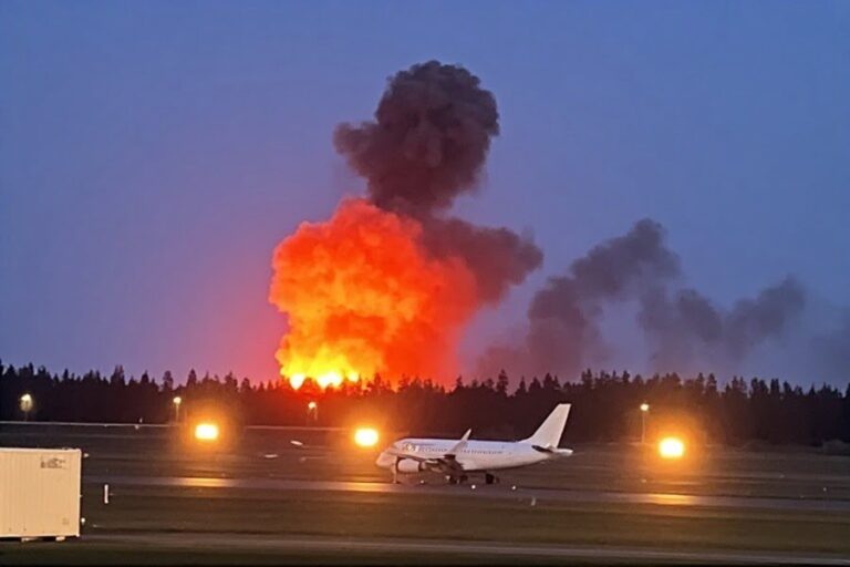 Airplane on a runway at dusk as a large orange fireball and smoke plume rises behind a tree line in the distance.