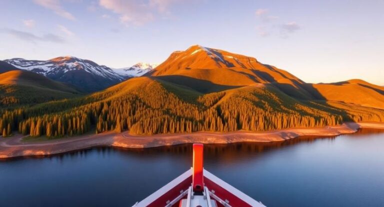 Golden hour alpine landscape: a calm lake, pine forests, and orange sunlit mountains seen from the bow of a red-and-white boat in the foreground.