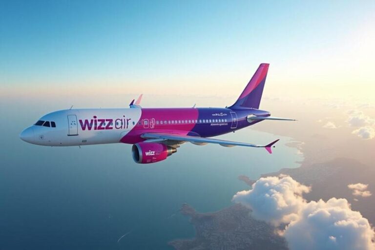 Wizz Air passenger jet in pink and purple livery flying above clouds at sunset.