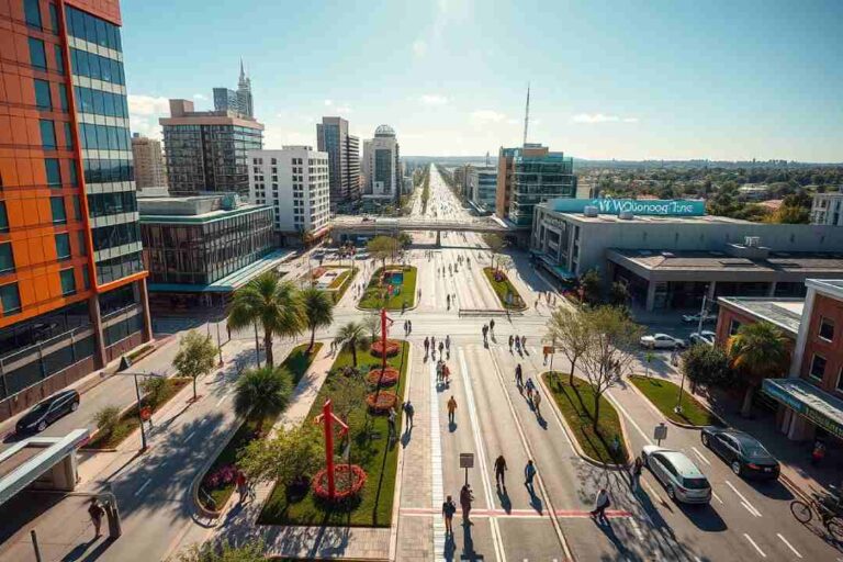 Aerial view of a modern city boulevard with pedestrians, palm trees and glass-front buildings on both sides.