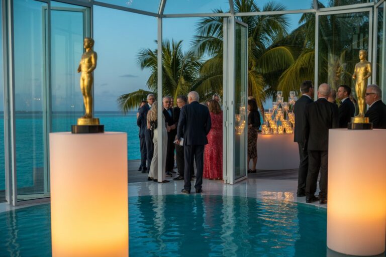 Group of formally dressed guests mingling near glass doors of a seaside ballroom, flanked by two golden Oscar-like statues on pedestals at sunset/evening.