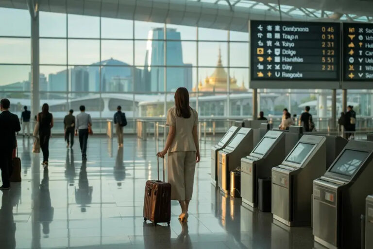 Woman in beige suit pulling a rolling suitcase through a bright airport terminal toward a departure board and security gates.
