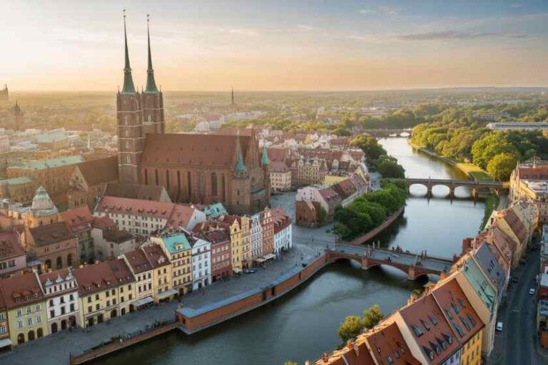 Aerial view of a river through a medieval town, with pastel houses and a twin-spire cathedral at sunset, plus bridges.