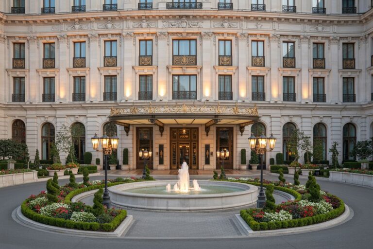 Grand hotel entrance with a circular driveway, central fountain, and manicured flower beds and lamps in front of a beige stone facade.