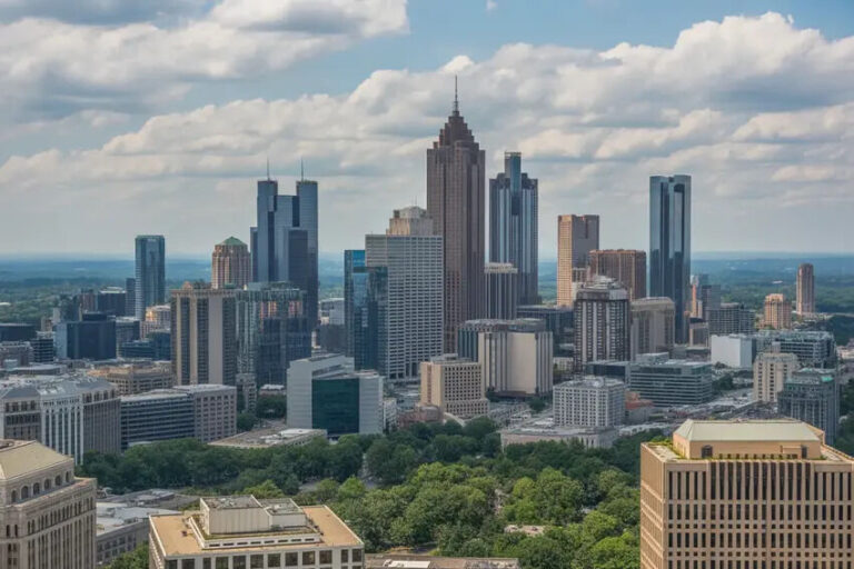 City skyline with numerous high-rise buildings and a tree-filled park in the foreground under a partly cloudy sky.