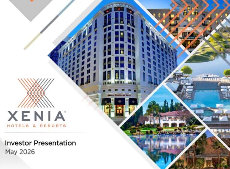 Title slide for Xenia Hotels & Resorts investor presentation, May 2026, with a collage of hotel buildings and the logo.