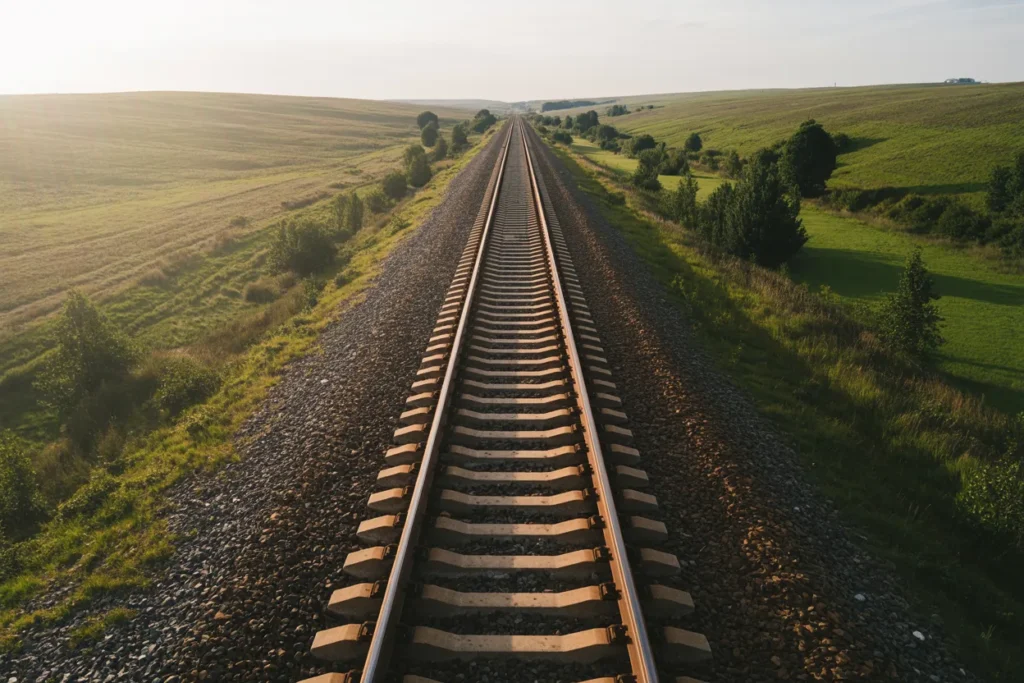 Straight railroad track stretches toward the horizon through rural fields under a clear sky at sunset.