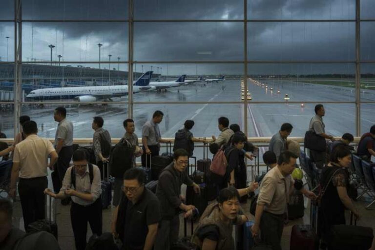 Crowded airport departure area with travelers and rolling suitcases, seen through large glass windows to parked airplanes on a cloudy day.