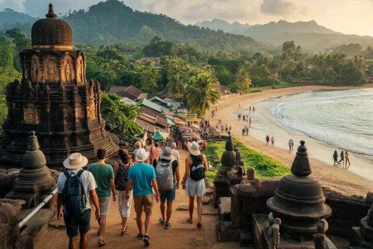 Group of travelers walking through ancient temple ruins toward a sandy tropical beach with palm trees in the background.