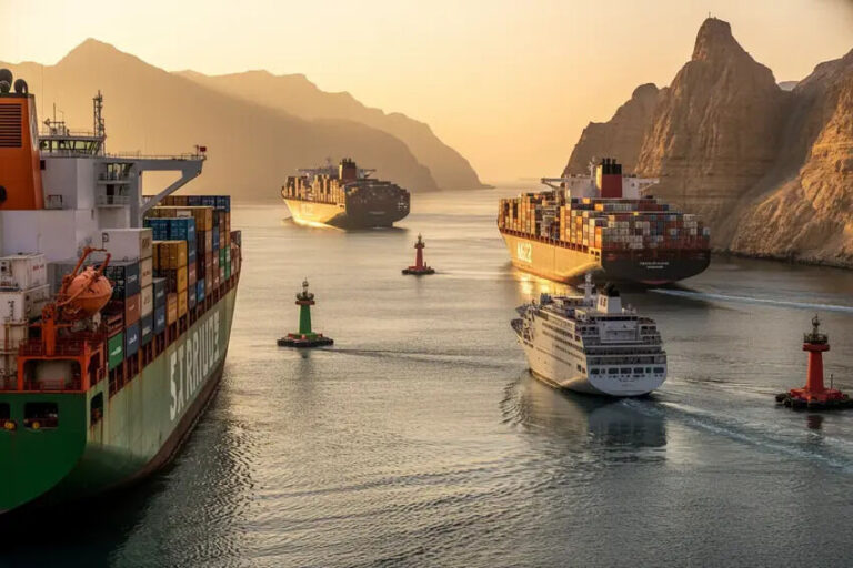 Large cargo ships and a cruise liner navigate a harbor at sunset between towering rocky cliffs.