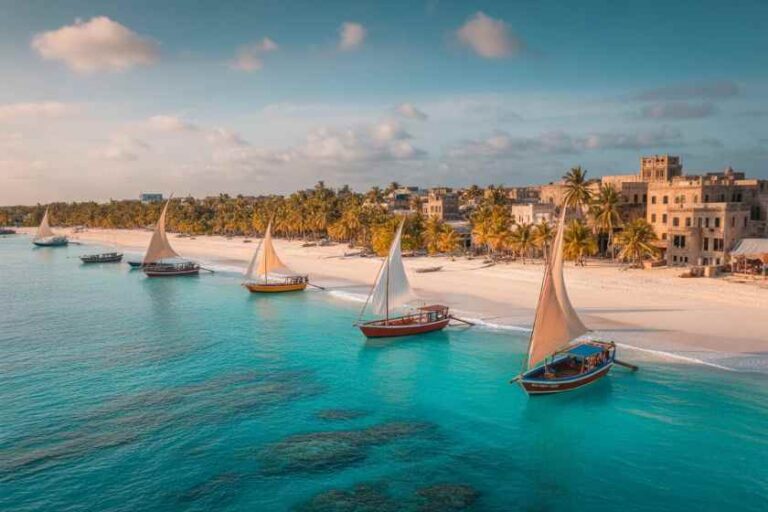 Sailboats anchored along a white-sand beach with palm trees and buildings in the background when the sea is calm and blue close to shore.