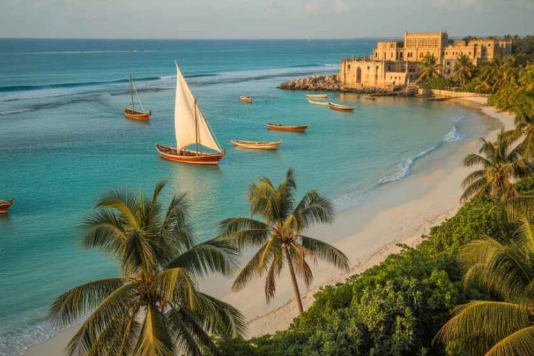 Tropical beach with white sand, turquoise water, palm trees, and small boats near a historic fortress on the cape.