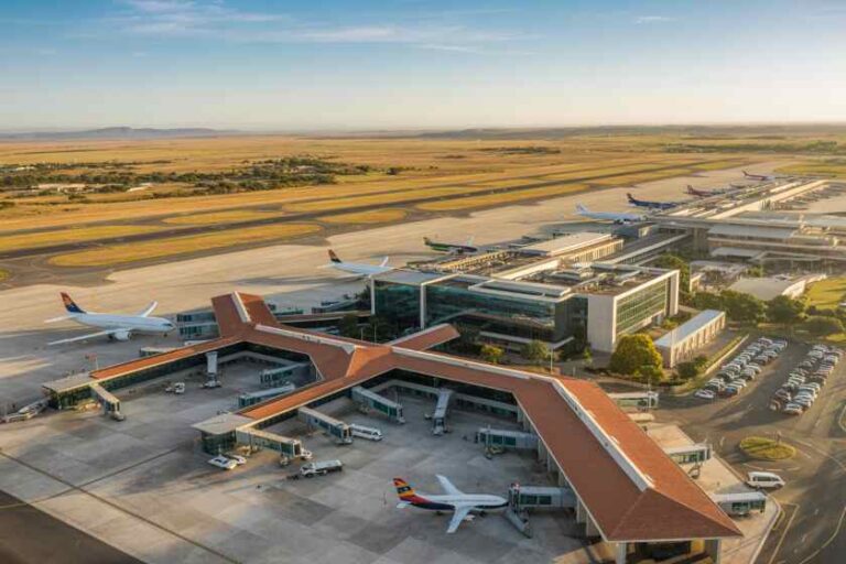 Aerial view of a large airport with a star-shaped terminal, jet bridges, and several parked planes on the apron, desert landscape in the background.
