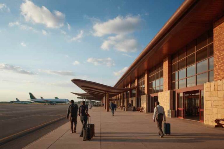 Passengers with rolling suitcases walk along a sunlit airport terminal with planes on the tarmac in the background.