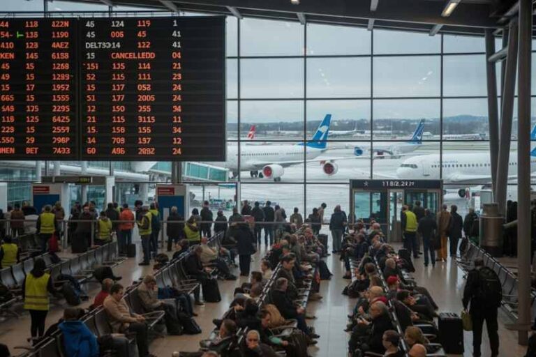 Busy airport terminal with a large flight information board and passengers seated, planes visible outside through glass walls.