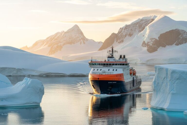 Orange-and-white cruise ship navigating between icebergs in a calm polar inlet at sunset, with snow-capped mountains in the background edges.