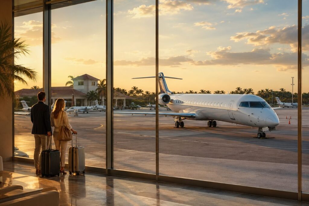 Couple with rolling suitcases stands inside an airport terminal, looking at a white jet on the tarmac at sunset.