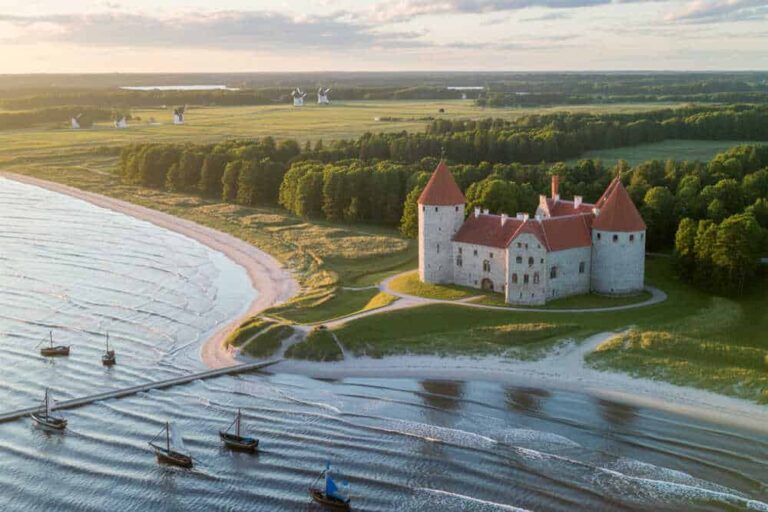 Aerial view of a stone castle with red roofs on a grassy headland by the coast, with boats in the water nearby.