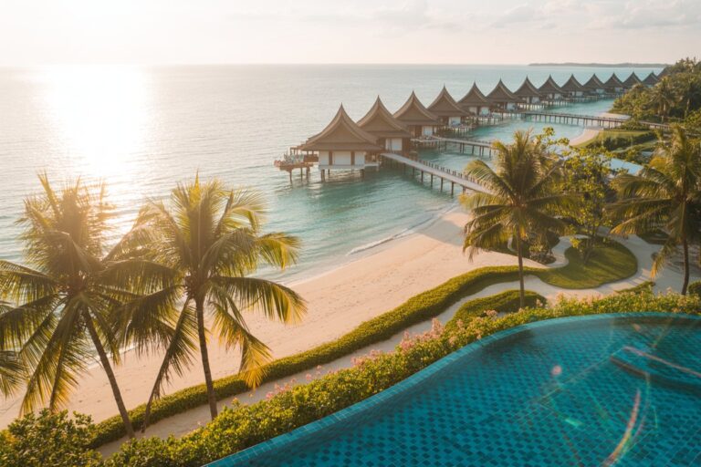 Sunset view of a tropical resort with overwater bungalows along a sandy beach and a blue tiled pool in the foreground.