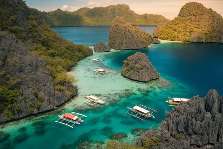 Aerial view of a tropical bay with turquoise water, rocky limestone islands, and several traditional boats anchored near a coral reef.