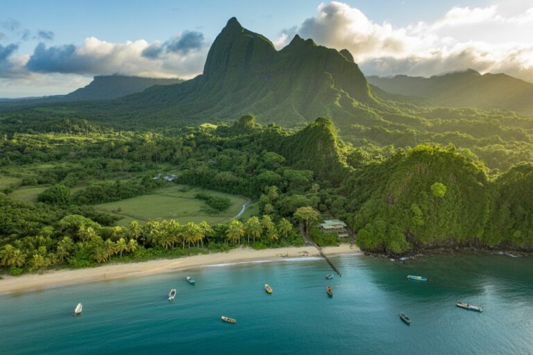 Aerial view of a tropical coastline with lush green mountains, palm trees, a white sand beach, and turquoise water with small boats anchored offshore.