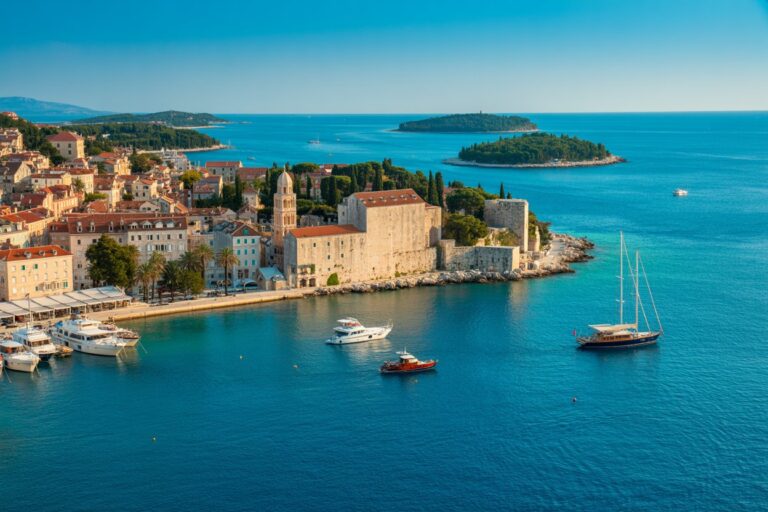 Coastal town with stone buildings and red-tiled roofs along a turquoise harbor, with moored boats by the quay.