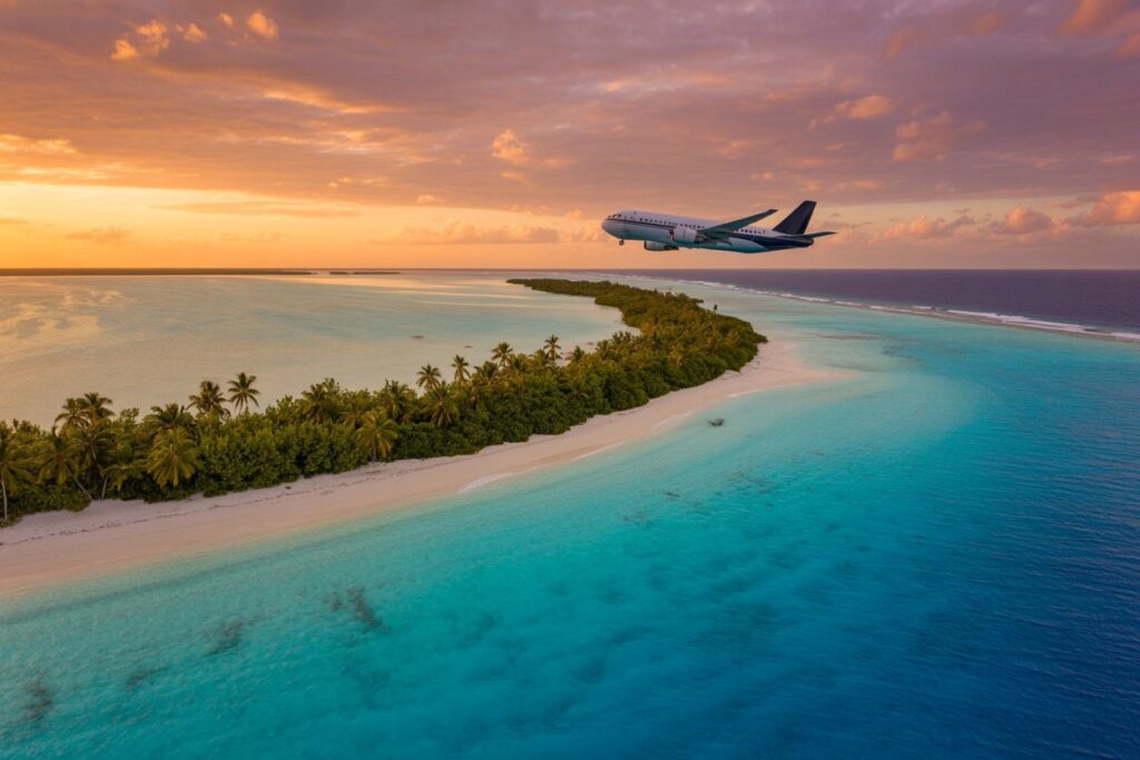 Airplane lifting off above a palm-covered island with turquoise lagoon at sunset.