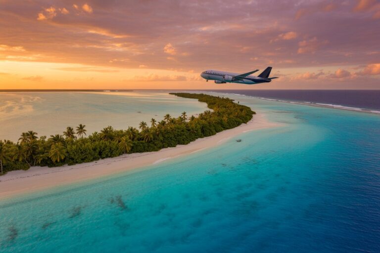 Airplane lifting off above a palm-covered island with turquoise lagoon at sunset.