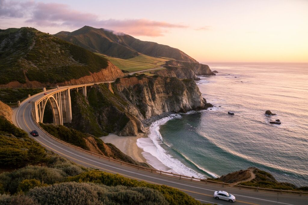 Sunset scene of a coastal road curving around cliffs with a tall arched bridge over a cove and the calm ocean beyond nearby beaching sand.
