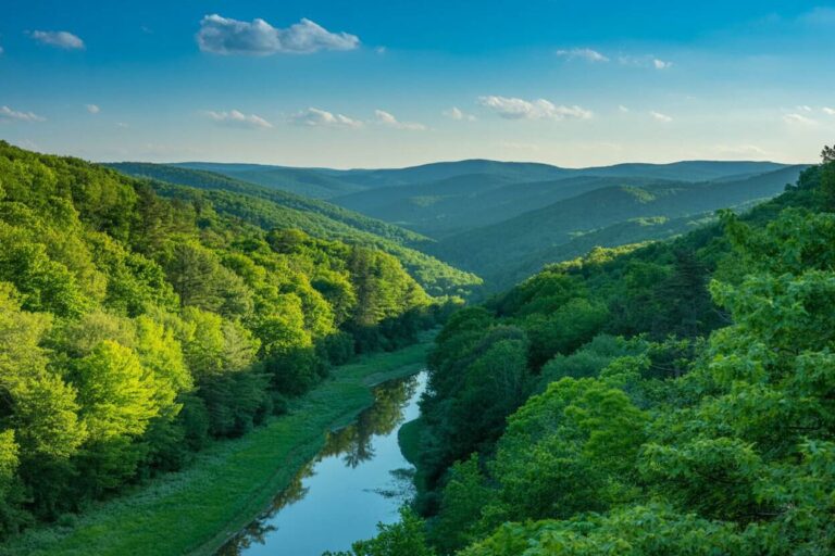 Aerial view of a lush green valley with a winding river and forested hills under a blue sky with scattered clouds.