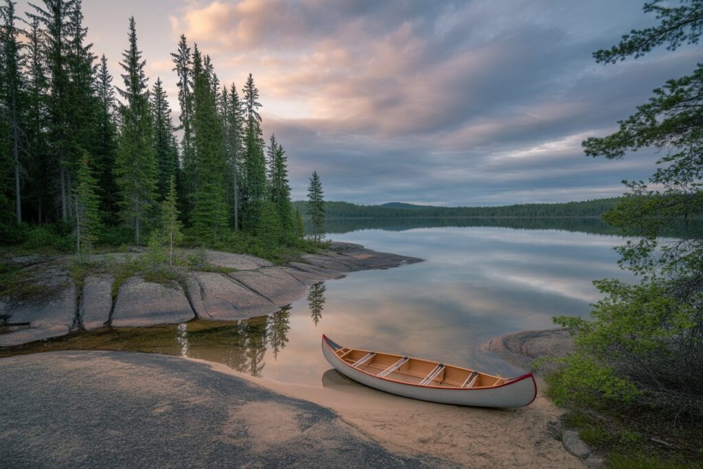 Canoe resting on a sandy lakeshore with a dense pine forest and calm reflective water at sunset.—