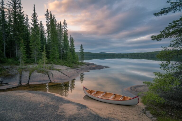 Canoe resting on a sandy lakeshore with a dense pine forest and calm reflective water at sunset.—