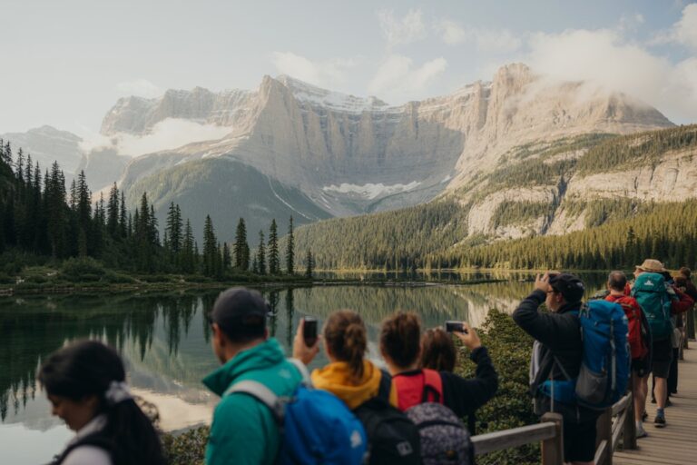 Group of hikers with colorful backpacks along a wooden railing, taking photos of a calm alpine lake and snow-dusted mountains.