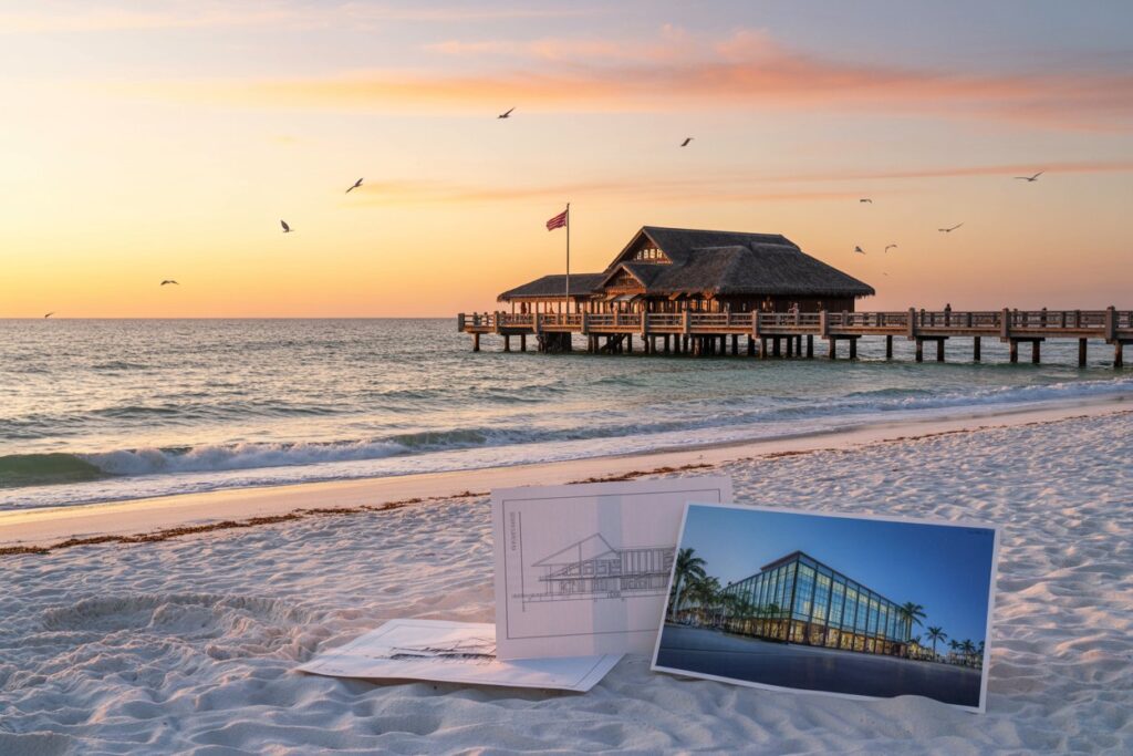 Sunset beach scene with a wooden pier and thatched-roof building extending into calm ocean; seagulls fly overhead.