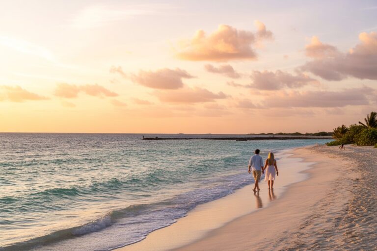 Couple walking hand in hand along a sunlit beach at sunset, with calm turquoise water and distant palm trees.