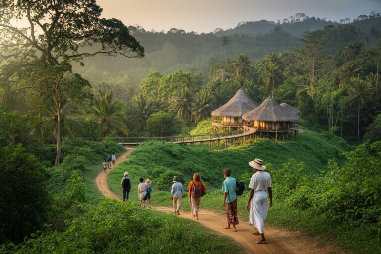 Group of hikers walking along a dirt path through a tropical rainforest toward two thatched-roof huts on stilts connected by a wooden bridge.
