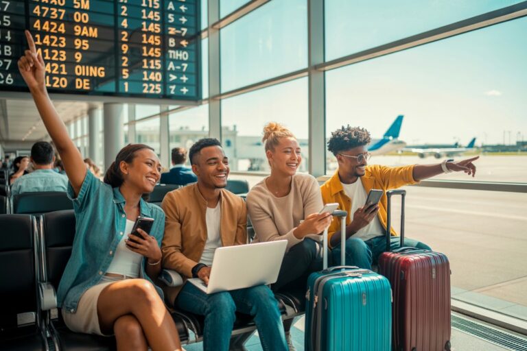 Four travelers at an airport gate, smiling; one raises a hand while others use phones and a laptop, with suitcases nearby outside planes visible through the window.