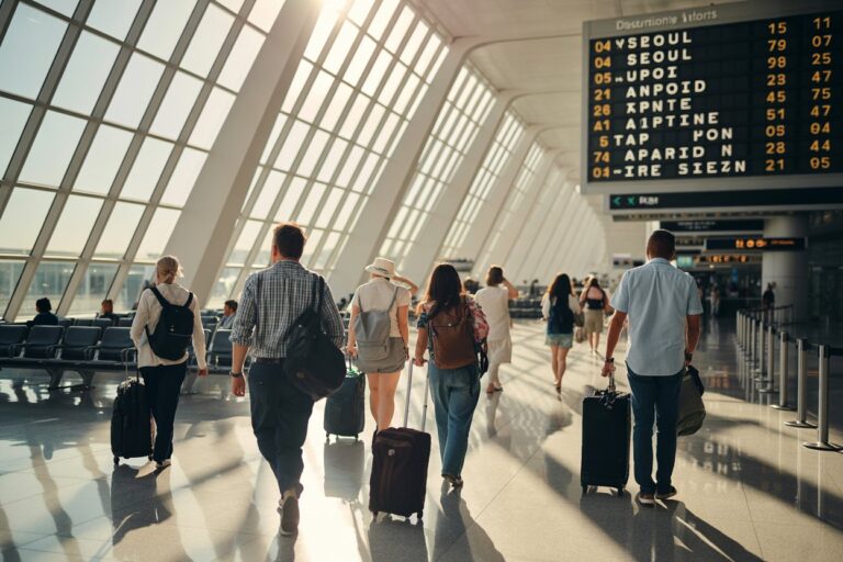 Travelers with rolling suitcases walk through a bright airport terminal beside a large flight information board.