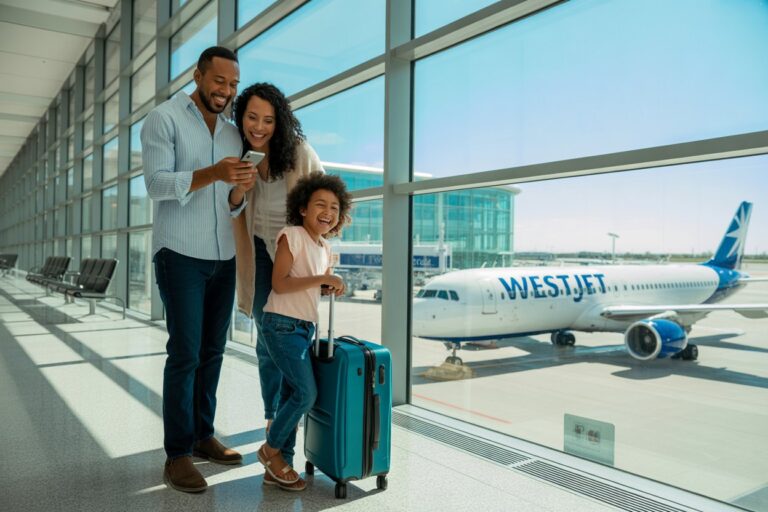 Family of three at an airport gate, parents smiling at a phone while their young daughter stands with a teal suitcase near a WestJet plane outside the window.