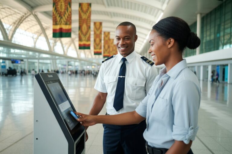 Pilot and flight attendant assist a traveler at a self-service check-in kiosk in a bright airport hall with decorative banners above.