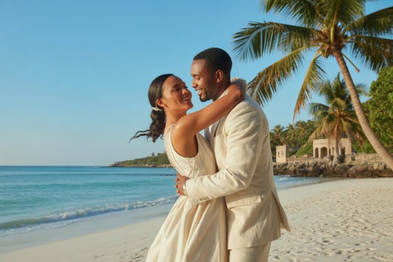 Couple in beige wedding attire embracing on a sunny tropical beach with palm trees and turquoise water in the background