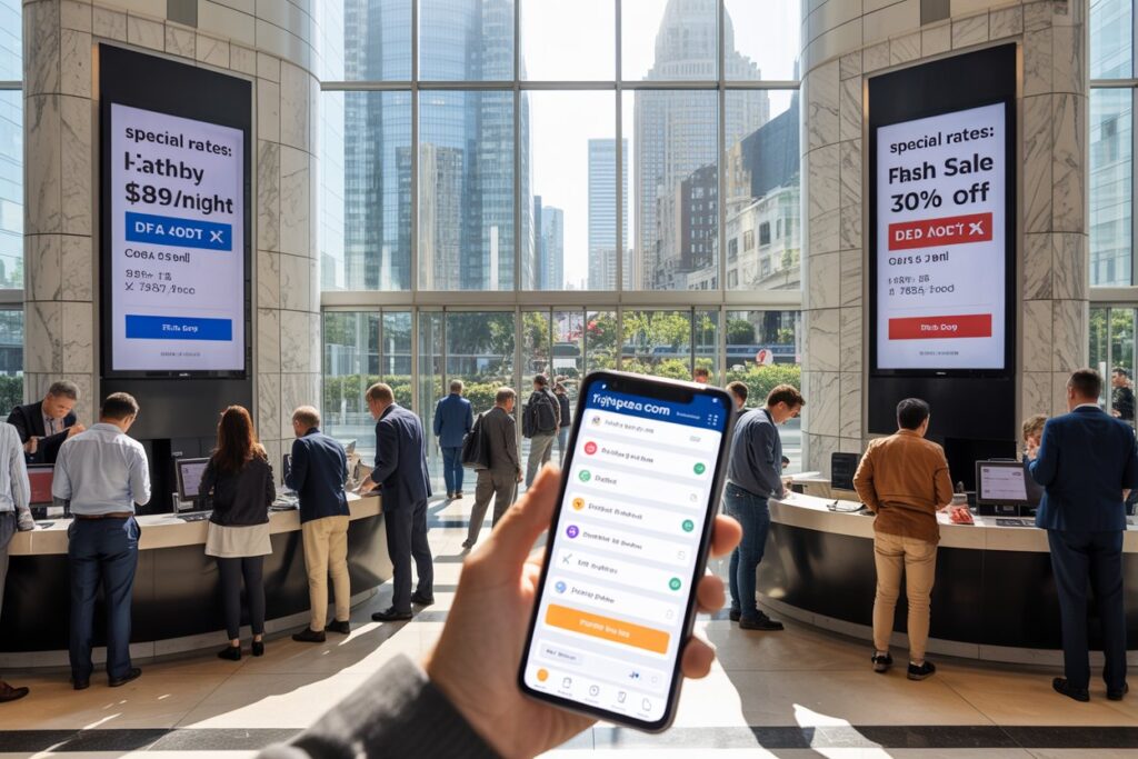 Busy corporate lobby with staff at service desks and two tall digital advertising screens on marble pillars; foreground shows a hand holding a smartphone displaying a colorful app interface.