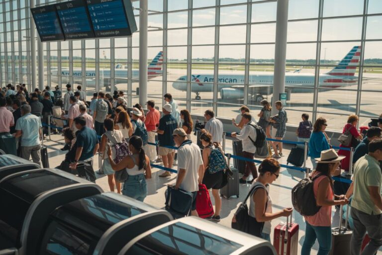 Crowded airport departure hall with passengers lined up at checkpoints and boarding gates, airplanes visible through large windows.