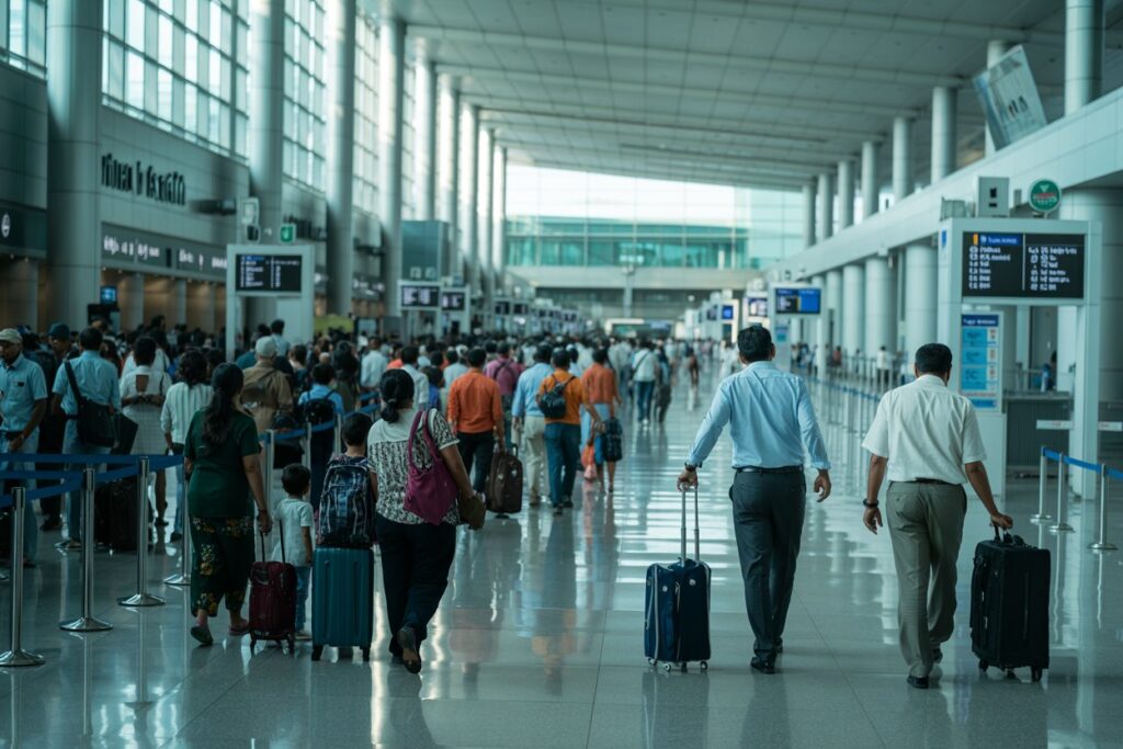 Crowded airport terminal with travelers pulling luggage and walking toward gates.