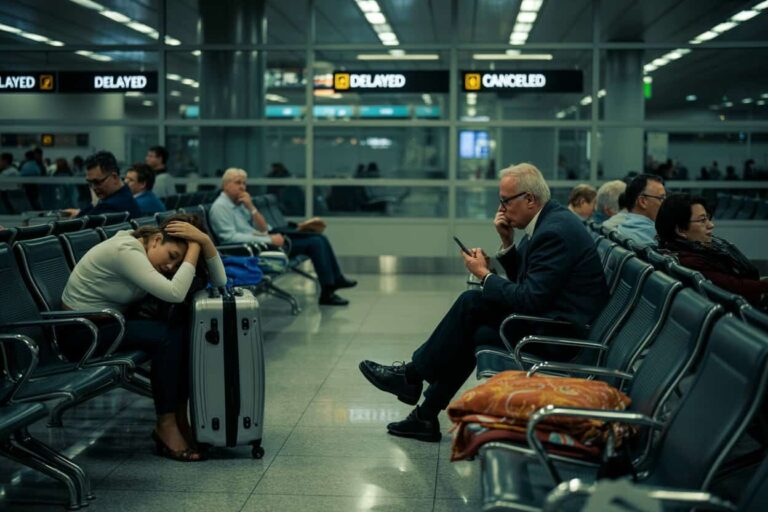 Woman resting her head on a suitcase in an airport gate area as other travelers sit nearby; signs read Delayed and Cancelled in the background.