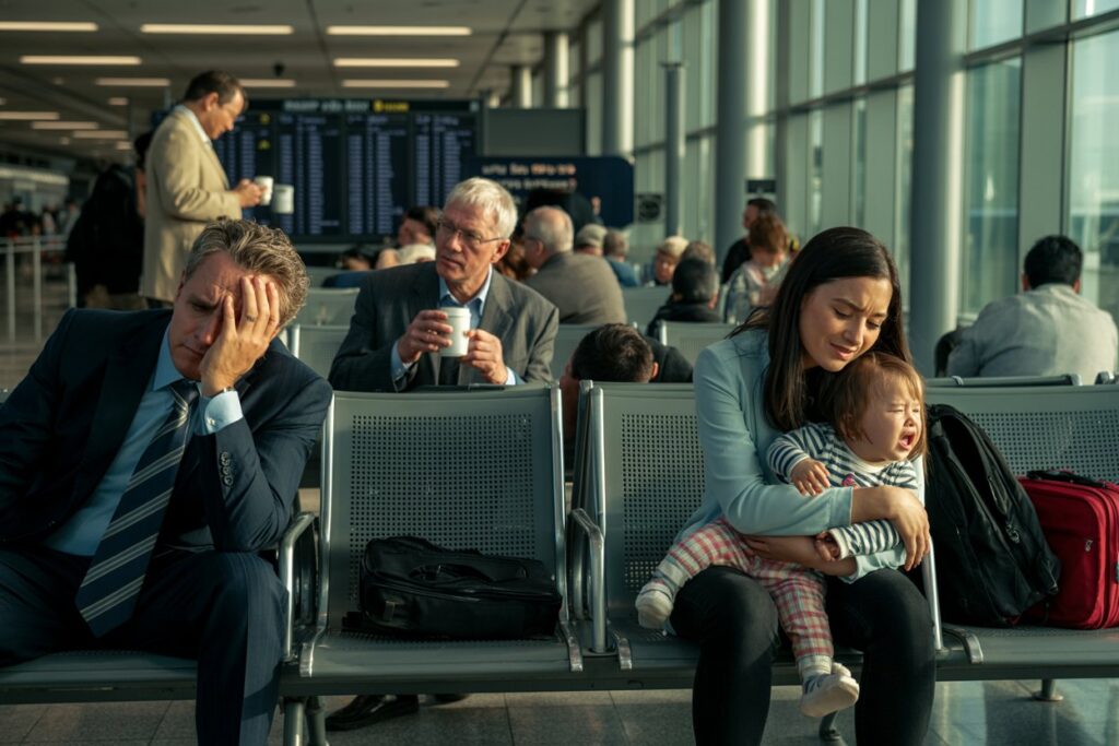 Man in a suit sits on the left with his hand on his forehead, while a woman on the right consoles a crying toddler in an airport seating area with other travelers in the background.